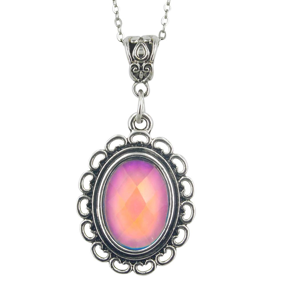 FUN JEWELS Vintage Multi Color Change Facet Oval Stone Pendant Mood Necklace 18" Chain+2" extender