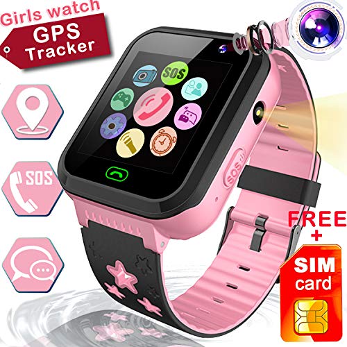 Smart Watch for Kids-[SIM CARD Edition] Boys Girls Smartwatch Phone IP67 Waterproof GPS Tracker Sports Bracelet SOS Two Way Calls HD Touch Digital Watch Toddler Selfie Camera/Remote APP Game Watch