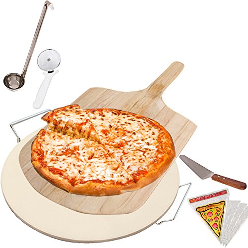 Pizza Stone Supplies Set for Cooking Baking Grilling - Includes Round Pizza Stone with Rack, Wooden Pizza Peel, Pizza Slicer, Pizza Server and Sauce Ladle - Free Bonus 12 Pizza Bags
