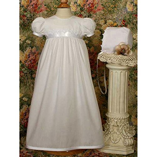 White Polycotton Christening Baptism Gown with Lace Trim & Bonnet - 6 Month
