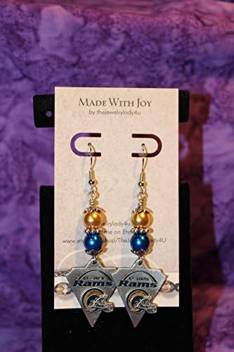 Blue and Gold Saint Louis Rams Color Football Dangly Earrings, Silver Earrings, Nickel Free Fish Hook Earrings, Clear Safety Backs