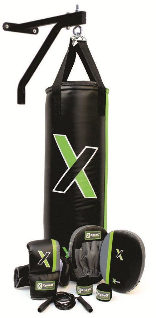 XpeeD (XP 311) Ultimate Set Full Boxing Kit Black Green for Coaching Training with 2.5 Feet Long Filled Heavy Punching Bag Gloves & Focus Pads Pair Age 14+ & Above Senior Boys