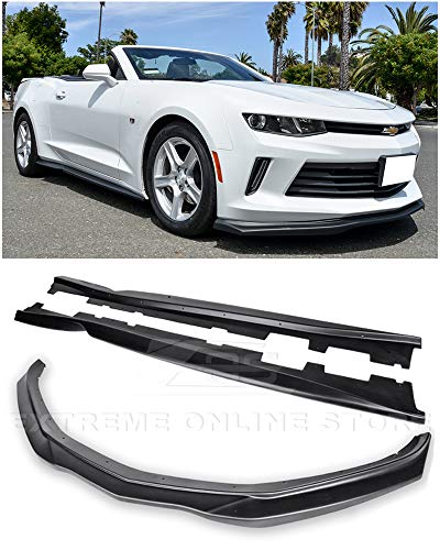 Extreme Online Store for 2016-2018 Chevrolet Camaro LS LT RS Models | EOS T6 Style Front Bumper Lower Lip Splitter with Side Skirts Rocker Panel Pair (ABS Plastic - Primer Black)