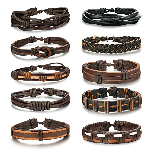 LOYALLOOK 5-10pcs Mens Leather Bracelet Vintage Wrap Cuff Wristbands With Adjustable Rope 2set