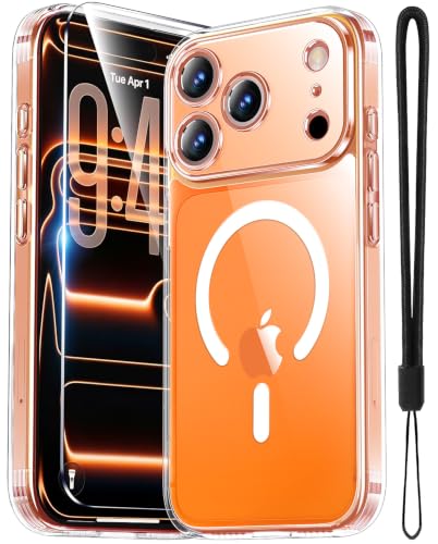 Yohii Magnetic Case for iPhone 17 Pro Max with 1 Tempered Glass and Cord, Compatible with MagSafe [Camera Protection] Anti-Scratch Shockproof Military Cover – Transparent