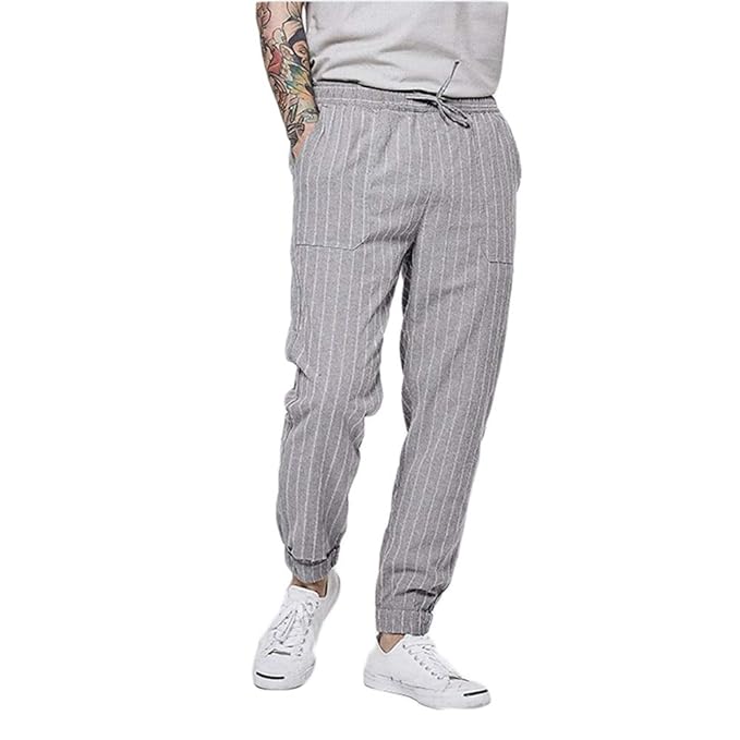 Amazon Mumuwu メンズパンツルーズリネンストライプフィート