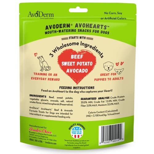 AVODERM AVOHEARTS BEEF AND AVOCADO FORMULA DOG TREATS, 5OZ BAG