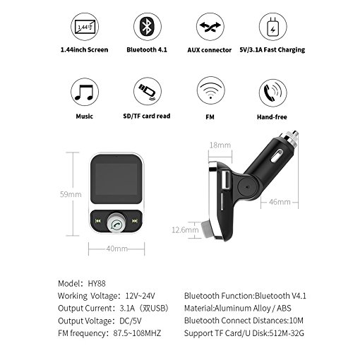 Seenlast Bluetooth FM Transmitter Wireless Radio Adapter Car Kit with 1.44 Inch Display and 3.1A Dual USB Car Charger MP3 Player