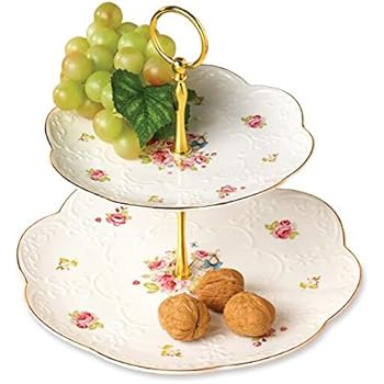 YBK Tech 2 Tier Porcelain Bone China Serving Platter Cake Plate Stand Dessert Display Cakes Platter Food Rack - Floral Design (Pattern I)