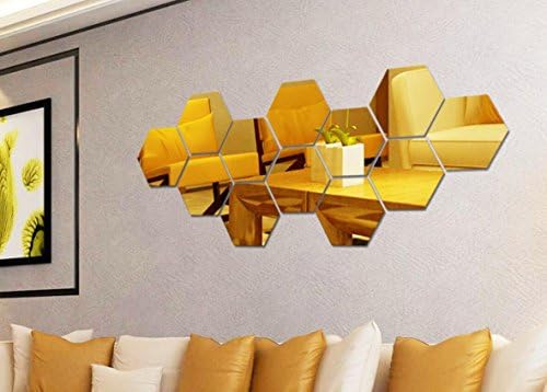Yusylvia 12PCS Hexagonal 3D Acrylic Mirrors Wall Stickers Home Decor Living Room DIY Modern Art Mirror Wall Mural Decoration (Medium, Gold)
