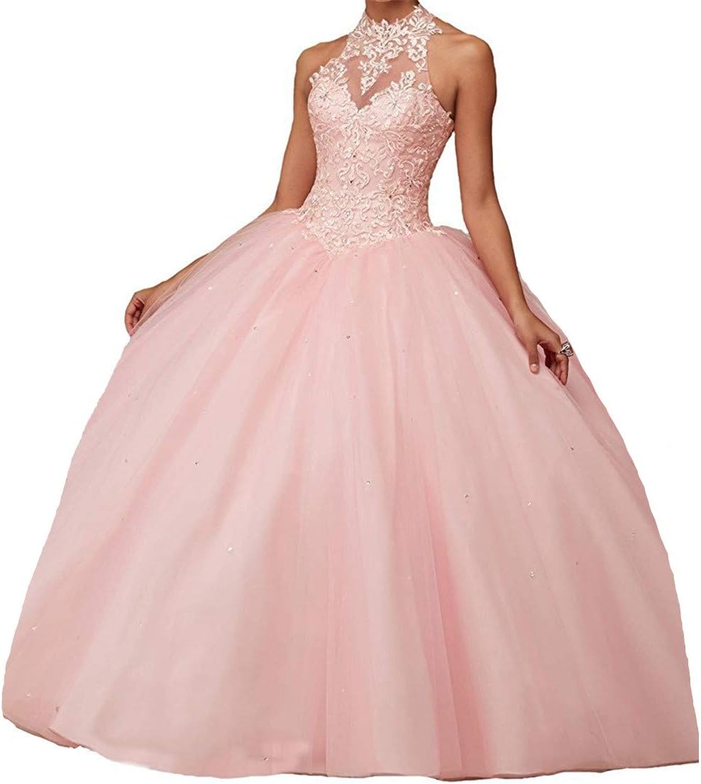 charmingbridal High Neck Lace Prom Pageant Ball Gown Quinceanera Dresses Pink,10
