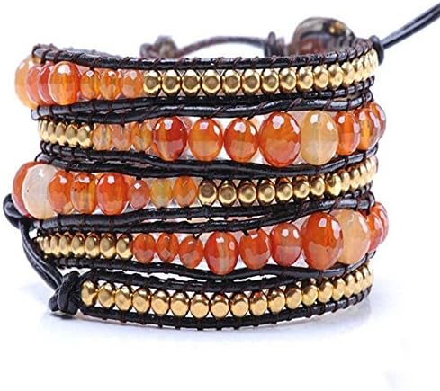 Lin Suu Jewelry Brown Leather Long Wrap Bracelet Graduated Amber Color Goldtone Beads 34 inches 5 Wraps