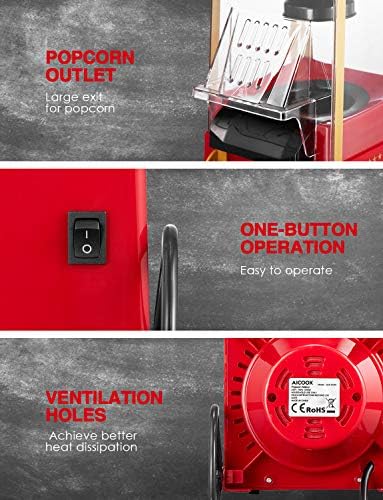 Aicook Machine à Pop Corn, 1200W Retro Machine à Popcorn avec Air Chaud, Sans Gras Huile, Facile á L'utilisation, Rouge