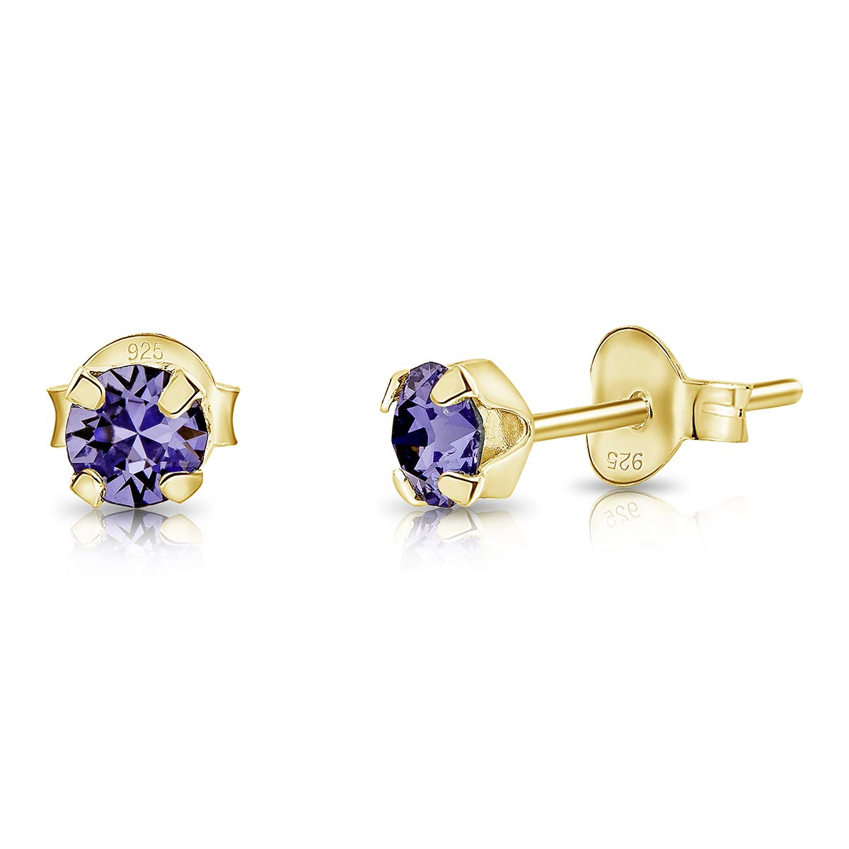 DTPSilver - 925 Sterling Silver Yellow Gold plated Round TINY Stud Earrings made with Glittering Crystals from Swarovski® Elements - Diameter: 4 mm - Colour : Tanzanite