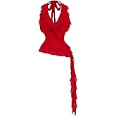 Milumia Women's Ruffle Trim Deep V Neck Halter Top Tie Backless Asymmetrical Hem Cami Tops
