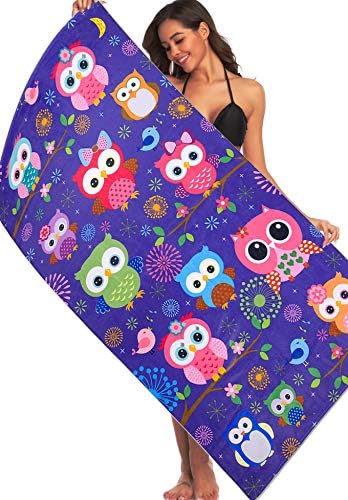 Ricdecor Beach Towels Girls Oversized Beach Towels for Kids Purple Owls Pattern Cute Beach Blanket Towel(Purple Owl)