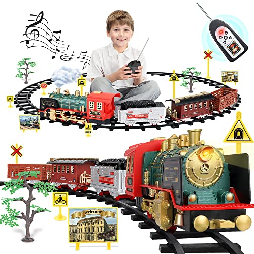 Christmas Electric Train Set with Steam, Sound Light, Remote Control  Train Toys w/Steam Locomotive Engine, Cargo Cars Tracks, Toy Train