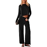 UNIANKIYA Womens 2 Piece Lounge Set Long Sleeve Oversized Crop Tops and Wide Leg Pants with Pocket Casual Pajama Matching Set