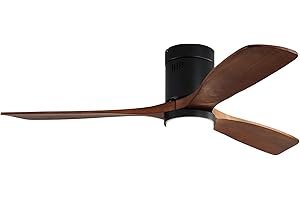 Sofucor 52 Inch Flush Mount Ceiling Fan with Light and Remote Control, 3 Blade Solid Wood Brown Black Ceiling Fan for Outdoor Indoor, Modern Ceiling Fan for Bedroom Living Room Farmhouse Patio