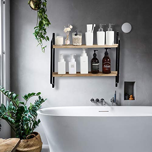 Rustic Floating Shelves, 2 Tier Floating Shelves Decorative Wall Mounted Storage Shelves for Living, Dining Room, Office, Wood Wall Shelf with Metal Brackets, Floating Shelves for Wall