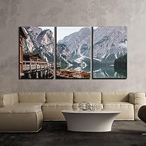 3 Piece Canvas Wall Art - Beautiful Vacation Resort with Mountains and Lake - Modern Home Art Stretched and Framed Ready to Hang - 16"x24"x3 Panels