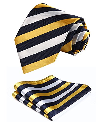 Enmain Stripe Jacquard Woven Men's Wedding Silk Tie Pocket Square Necktie Set Yellow