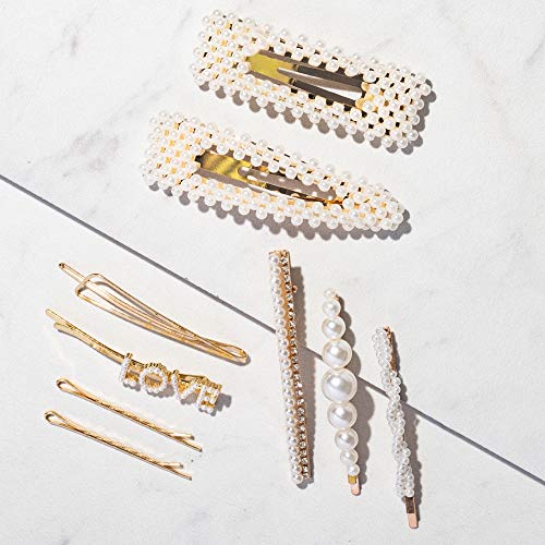 Pearl Hair Clip - 9 Hair Accessories for Women - Bobby Pins Pearl Hair Clips for Women & Hair Barrettes for Women - Large Gold Hair Pin with Rhinestone - Love Hair Pins - Hair Clips for Girls