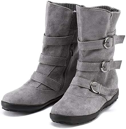 Celiy Women Knee High Suede Round Toe Zipper Flat Pure Color Buckle Strap Keep Warm Snow Boots