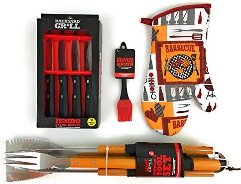 BBQ Grilling Set Bundled With an Insulated Oven Mitt, A Basting Brush, and Steak Knives