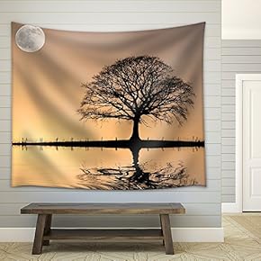 Oak Tree in Winter at Sunset in Silhouette Against a Golden Sky and Full Moon - Fabric Wall Tapestry Home Decor - 51x60 inches