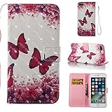 iPhone 7 Plus Case,iPhone 8 Plus Case,Magnetic Wallet Case Lightweight [Kickstand] Flip Folio Skin Cover Built In Credit Card Slot Protective Carrying Case with Strap for Apple iPhone 7 Plus-Butterfly