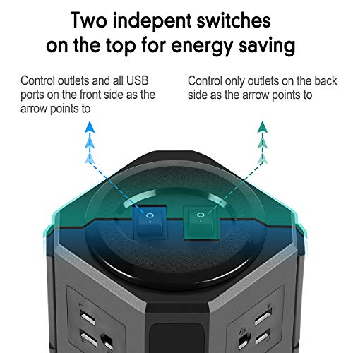 Power Strip Tower - BEVA 12 AC Outlets 5 USB Ports Charging Station 1875W/15A, 1050 Joules Multi Protection with 6ft Heavy Duty Long Extension Cord for Home Office, ETL Listed
