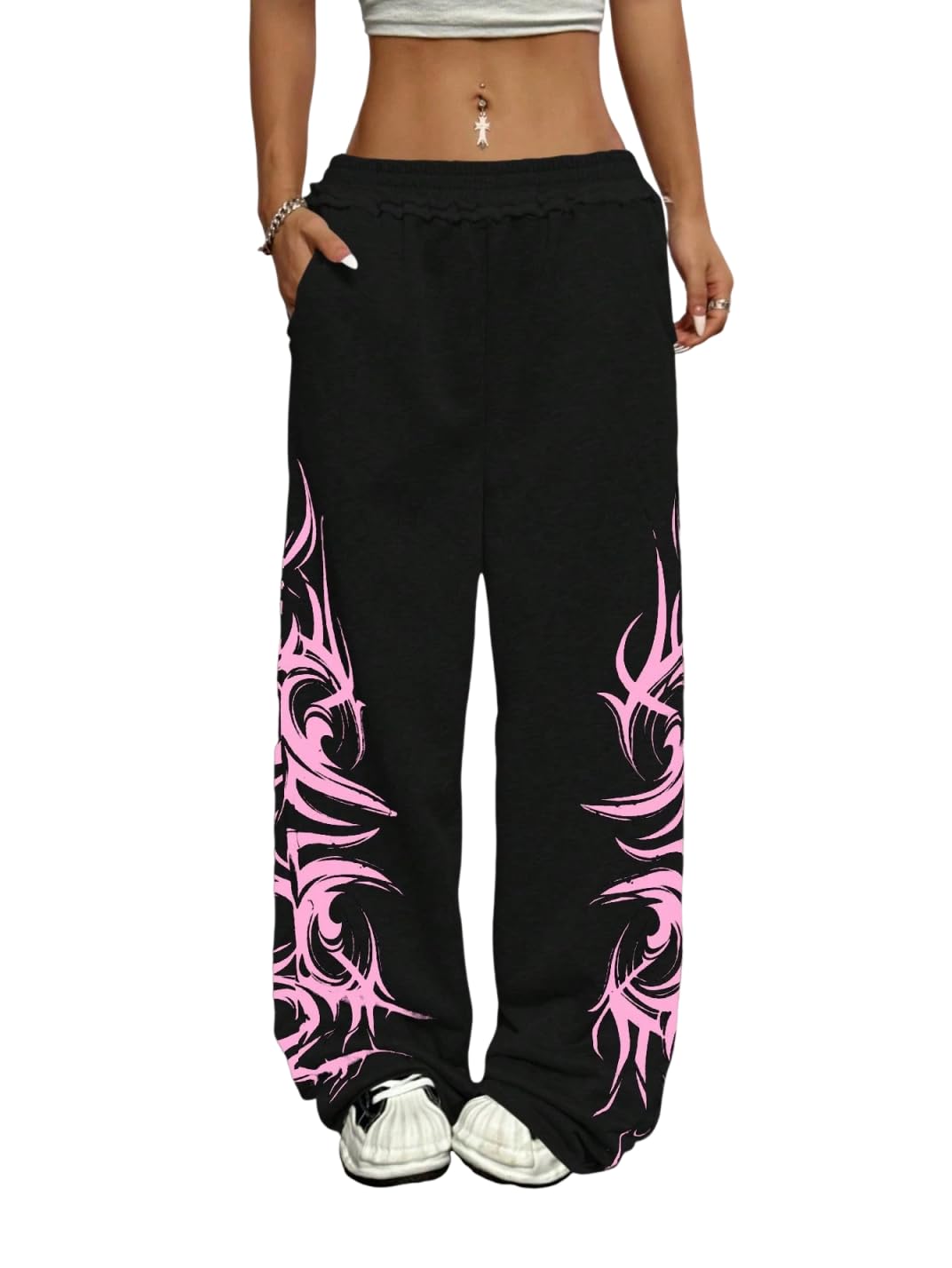 Photo 1 of ZAFUL Womens Wide Leg Sweatpants Y2K Gothic Graffiti High Waisted Lounge Pants Athletic Joggers Pants with Pockets 1-Black&Pink XXL