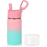 Volhoply 14oz KIds Stainless Steel Insulated Leakproof Water Bottle with Straw Lid and Silicone Boot,BPA-Free Easy Use for Boys&Girls,Double Wall Vacuum Bottles(Pink Green,1)