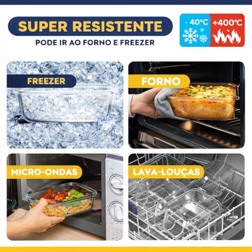 Kit 10 Potes de Vidro Hermético 640ml com Travas – Borossilicato Resistente, Tampa com Vedação em Silicone, BPA Free, Vai ao Microondas, Forno, Freezer e Lava-louças – Marmitas Saudáveis