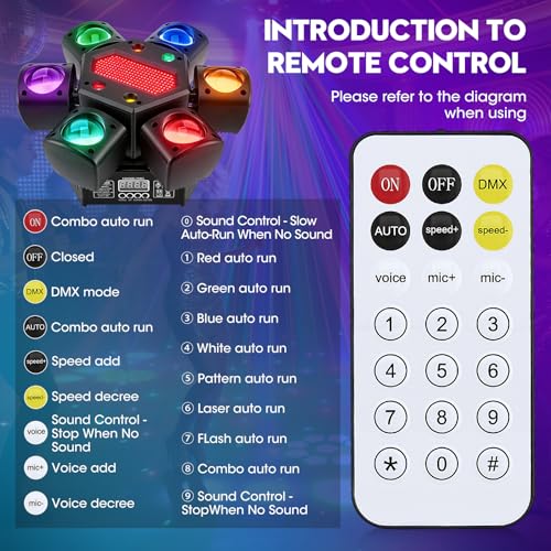 DMX512 LED Moving Head 80W RGBW Disco Projector Light with Remote Control, 6 Light Arms + Bee Eye Effect, DMX512 for DJ Bar Wedding Party