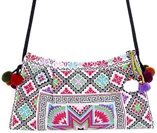 ETHNIC LANNA Handcrafted Cross Body Purse with Pink Hmong Cross Stitch Embroidery