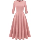 HomRain Women's Fit and Flare Midi Dress-3/4 Sleeve Modest Church Dress Classy Causal Work Dresses with Pockets