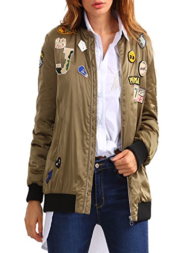 OEUVRE Womens Bomber Zip Up Biker Jacket with Patches Green 10 OEUVRE Womens Bomber Zip Up Biker Jacket with Patches Green 10