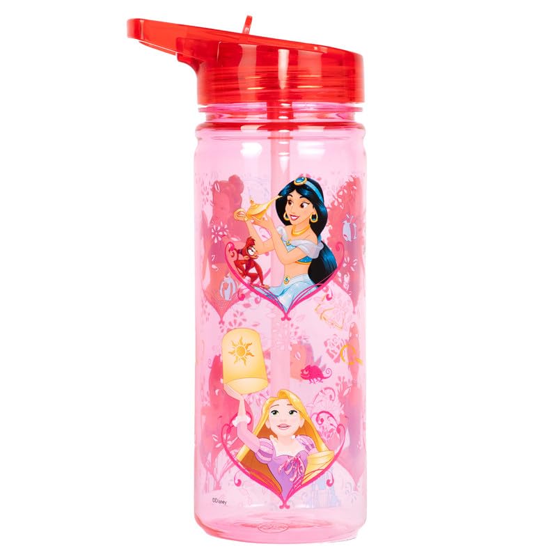 Disney Princesses Plastic Bottle with Straw BPA Free - 580 ml School Water Bottle for Girls 100% Leakproof Durable Drink Bottle for Girls