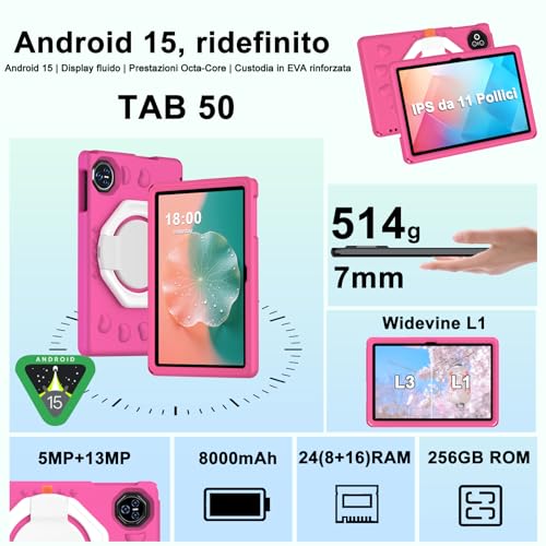 Dghrti 2026 Android 15 Tablet with EVA Silicone Protective Case, 24GB+256GB/2TB, Kids Tablet 11 Inch Octa-Core, Gemini AI/Widevine L1, 8000 mAh, 13MP+5MP, Metal Body, Large-Rose Tablet