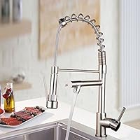 Ollypulse Solid Brass Brushed Nickel Kitchen Faucet Single Hole Deck Mount Stainless Steel Kitchen Sink Faucet with Swivel Pull Out Sprayer and High Pressure Spout