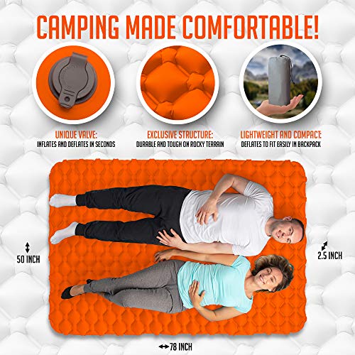 Royexe Heavy Duty Double Sleeping Pad | Ultra Thick Inflatable Camping Mat | 2 Person Compact Bed for Backpacking and Hiking | Compact Sleeping Bag Air Mattress (Orange) - Thumbnail 2