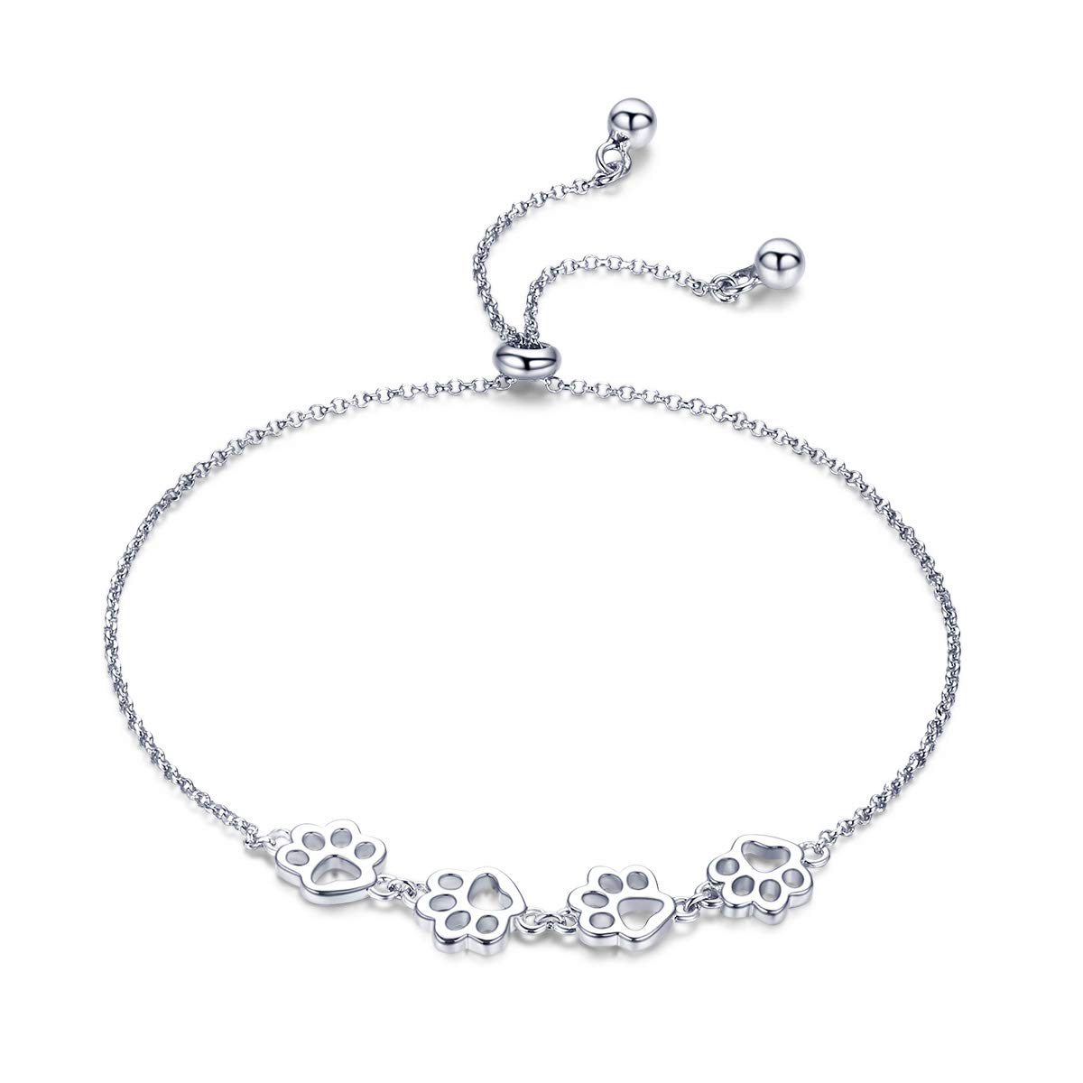Paw Bracelet for Women Girls Sterling Silver 14 Gold Cute Delicate Polished Puppy Dog Cat Kitten Paw Print Ball Bead Adjustable Charm Link Bracelets for Pet Lover Animal Keepsake Jewelry Fashion Gifts