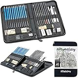 NiftyArtistry Drawing and Sketching Art Set in Zippered Carrying Case; Graphite, Pastel, and Charcoal Pencils, Willow Sticks, Paper Blending Stumps; for Beginner to Professional Artists; 40-Piece Set