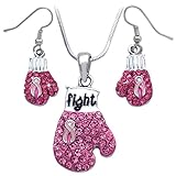 Pink Ribbon Breast Cancer Awareness Boxing Glove Necklace Earrings Set (Hook Earring Set)