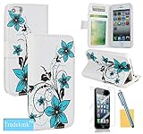 Tradekmk 2 in 1 PU Leather Flip Wallet Card Holder Detachable Magnet Design  Stand Case with Stylus Pen, Screen Protector and Cleaning Cloth for Apple iPhone 5/ 5G/ 5S - Blue Flowers