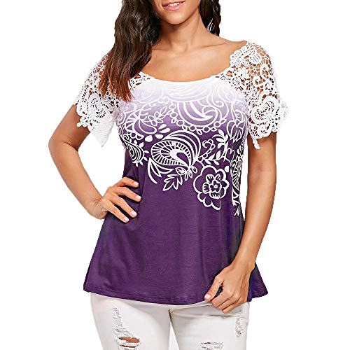 Hzing Casual Lace Stitching Blouse Floral Printed O-Neck Trim Top for Women