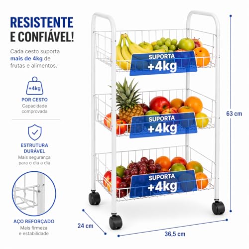 Fruteira 3 Andares com Rodinhas, Aço Resistente, Branca, 63x36,5x24 cm, com 2 Alças Laterais, para Cozinha