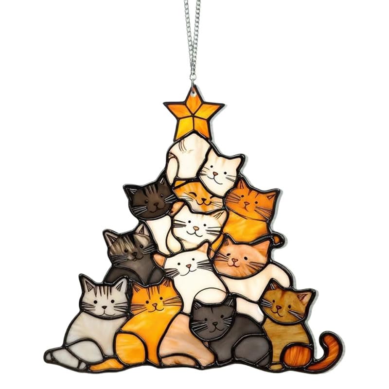 Cat Christmas Tree Suncatcher Ornament, Cats Stacked Decoration suncatcher Hanging Ornament for Chandeliers, Garden, Christmas Tree Winter Holiday Xmas Gift for Cat Lovers (A)